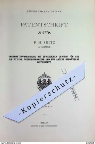 original Patent - F. H. Reitz , Hamburg | 1879 | Mikrometervorrichtung für Aneroidbarometer von Reitz | Barometer !