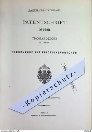 original Patent - Thomas Moore , London , England | 1879 | Bohrknarre mit Friktionsvorschub | Bohrer , Werkzeug , Metall