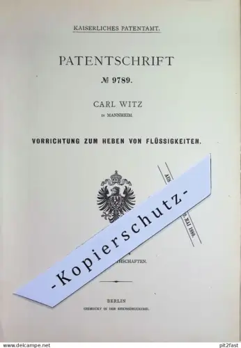 original Patent - Carl Witz , Mannheim | 1879 | Heben von Flüssigkeiten | Zapfanlage | Getränke zapfen