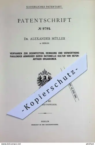 original Patent - Dr. Alexander Müller , Berlin | 1878 | Desinfektion u. Reinigung von Abwasser | Chemie