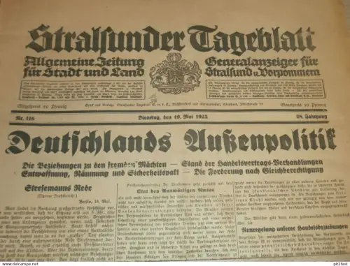 Tageblatt Stralsund , 19.05.1925 , Stresemann , Güttin b. Samtens , Damgarten i. Pommern , Feuerwehr Garz Mecklenburg !!