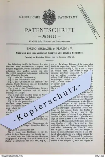 original Patent - Bruno Neubauer , Plauen i. V. | 1885 | mechanisches Knüpfen von Smyrna - Teppich | Weben , Teppiche