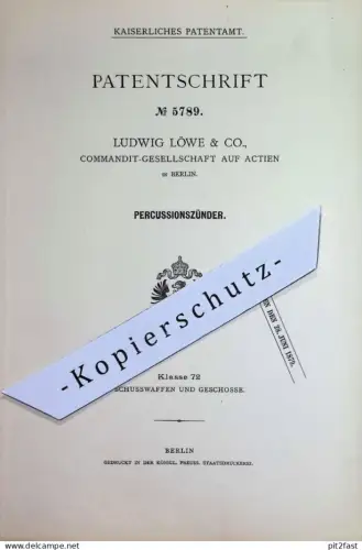 original Patent - Ludwig Löwe & Co. KG AG , Berlin | 1878 | Perkussionszünder | Zünder , Artillerie , Militär , Waffen !