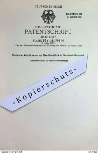 original Patent - Rheinische Metallwaren- & Maschinenfabrik Düsseldorf Derendorf | 1928 | Gleiskettenfahrzeug - Lenkung