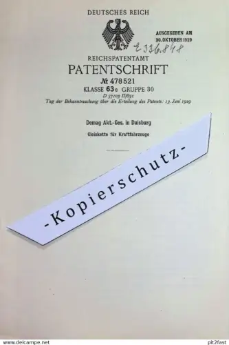 original Patent - Demag AG , Duisburg | Erfinder Kurt Wißmann | 1928 | Gleiskette f. Kraftfahrzeug | Bagger , Kran , Zug