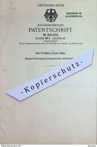 original Patent - Italo Farfallini , Turin Italien | 1932 | Biegsames Kraftübertragungsmittel | Zugkraft , Druck , Motor