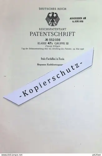 original Patent - Italo Farfallini , Turin , Italien | 1931 | Biegsames Kraftübertragungsmittel | Kraftmaschine , Motor