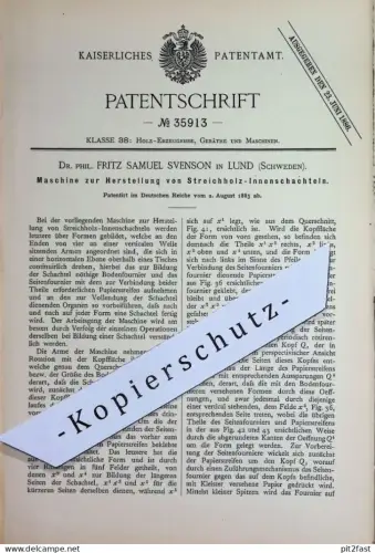 original Patent - Dr. Phil. Fritz Samuel Svenson , Lund , Schweden | 1885 | Herst. der inneren Streichholzschachtel !!!