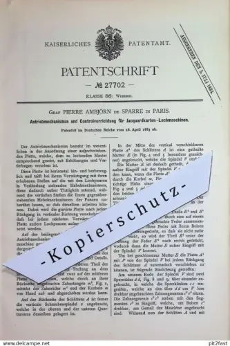 original Patent - Graf Pierre Ambjörn de Sparre , Paris , Frankreich | 1883 | Antrieb für Jaquardkarten Lochmaschinen !!