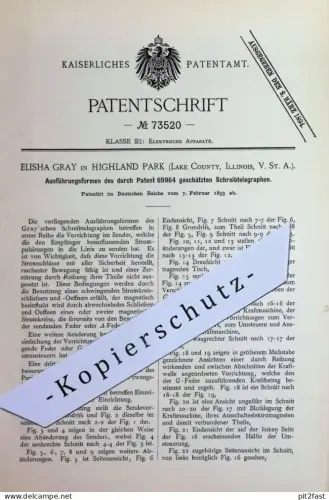 original Patent - Elisha Gray , Highland Park , Lake County , Illinois USA | 1893 | Schreibtelegraph | Telegraph | Gray