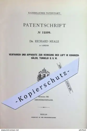 original Patent - Dr. Richard Neale , London England | 1880 | Luft- Reinigung im Krankenhaus , Tunnel , Kirche , Fabrik