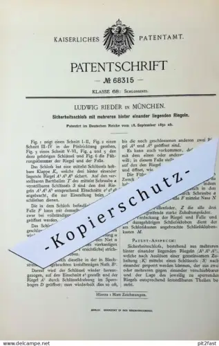 original Patent - Ludwig Rieder , München | 1891 | Sicherheitsschloss mit mehreren Riegeln | Türschloss , Schloss