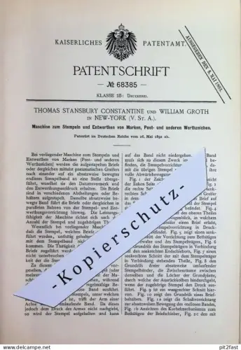 original Patent - Thomas Stansbury Constantine , William Groth , New York USA | 1892 | Briefmarken Stempeln & Entwerten