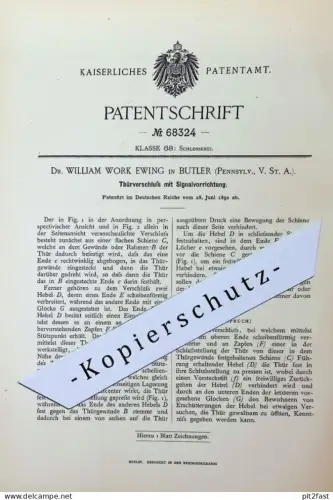 original Patent - Dr. William Work Ewing , Butler , Pennsylvania , USA | 1892 | Türverschluss mit Signal | Tür - Schloss