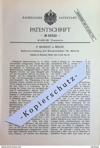 original Patent - P. Behrent , Berlin | 1892 | Spülung mit Glockenheber für Aborte | Toilette , WC , Kloset , Abort