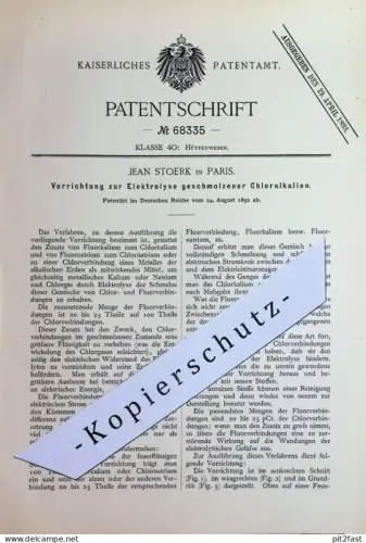 original Patent - Jean Stoerk , Paris , Frankreich | 1892 | Elektrolyse geschmolzener Chloralkalien | Metall , Chlor