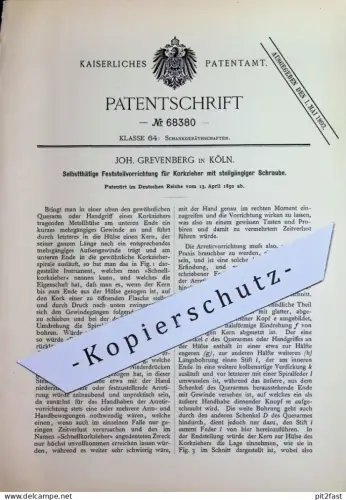 original Patent - Joh. Grevenberg , Köln / Rhein | 1892 | Feststellvorrichtung für Korkzieher | Korkenzieher | Wein
