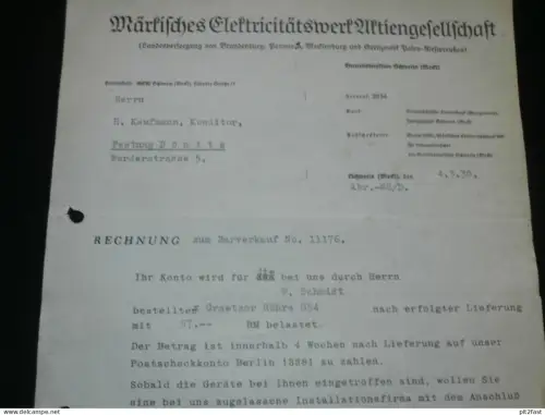 Märkisches Elektricitätswerk AG in Schwerin i. Mecklenburg , 1938 , Festung Dömitz , Kaufmann , alte Rechnung , Dokument