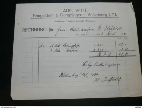 Dampfsägerei - August Witte in Wittenburg i. Mecklenburg , 1930 , alte Rechnung , Dokument !!