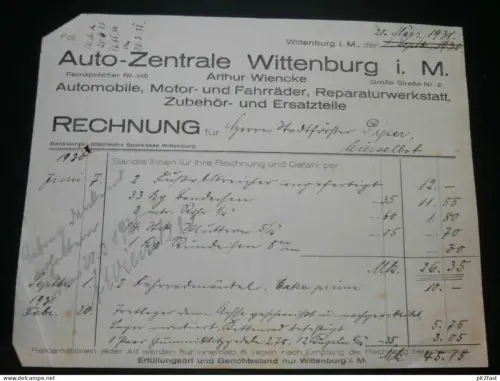 Auto-Zentrale Arthur Wiencke in Wittenburg i. Mecklenburg , 1931 , alte Rechnung , Dokument !!