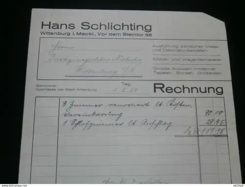 Wagenlackiererei - Hans Schlichting in Wittenburg i. Mecklenburg , 1937 , alte Rechnung , Dokument !!