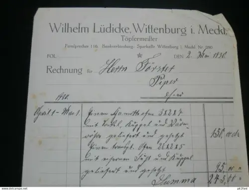 Töpfer - Wilhelm Lüdicke in Wittenburg i. Mecklenburg , 1930 , alte Rechnung , Dokument !!