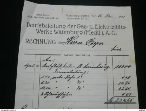 Betriebsleitung der Gas- und E-Werke in Wittenburg i. Mecklenburg , 1931 , alte Rechnung , Dokument !!