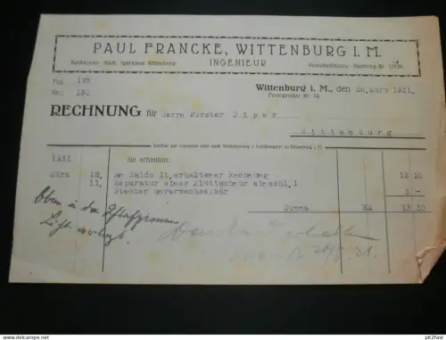 Ingenieur - Paul Francke in Wittenburg i. Mecklenburg , 1931 , alte Rechnung , Dokument !!