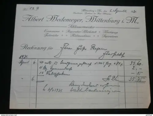 Schlossermeister - Albert Wedemeyer in Wittenburg i. Mecklenburg , 1931 , alte Rechnung , Dokument !!