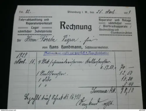 Fahrrad-Handel Hans Handmann in Wittenburg i. Mecklenburg , 1929 , alte Rechnung , Dokument !!