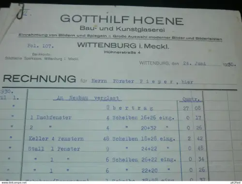 Bau- und Kunstglaserei - Gotthilf Hoene in Wittenburg i. Mecklenburg , 1930 , alte Rechnung , Dokument !!