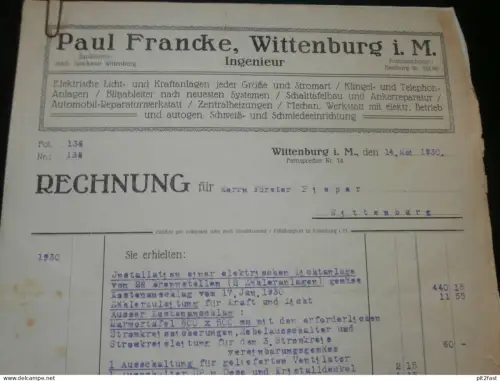 Ingenieur - Paul Francke in Wittenburg i. Mecklenburg , 1930 , alte Rechnung , Dokument !!