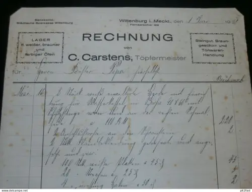 Töpfermeister - C. Carstens in Wittenburg i. Mecklenburg , 1930 , alte Rechnung , Dokument !!