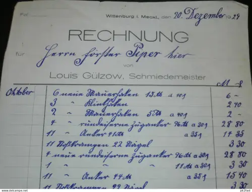 Schmiedemeister - Louis Gülzow in Wittenburg i. Mecklenburg , 1929 , alte Rechnung , Dokument !!