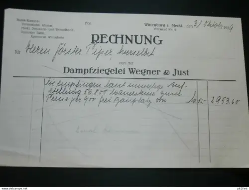 Dampfziegelei - Wegner & Just in Wittenburg i. Mecklenburg , 1929 , alte Rechnung , Dokument !!