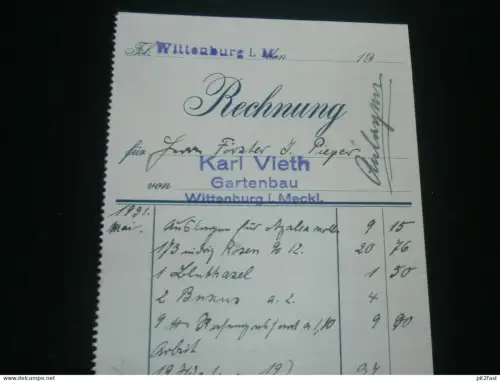 Gartenbau - Karl Vieth in Wittenburg i. Mecklenburg , 1931 , alte Rechnung , Dokument !!