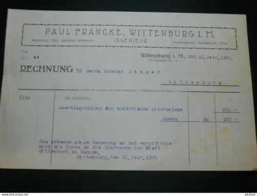 Ingenieur - Paul Francke in Wittenburg i. Mecklenburg , 1930 , alte Rechnung , Dokument !!