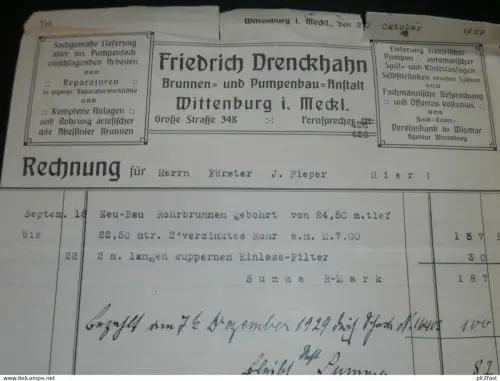 Brunnen- und Pumpenbau - Friedrich Drenckhahn in Wittenburg i. Mecklenburg , 1929 , alte Rechnung , Dokument !!