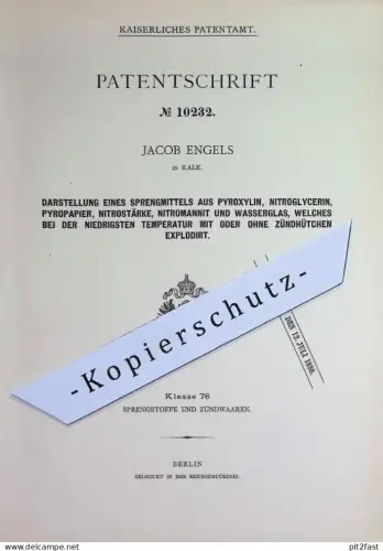 original Patent - Jacob Engels , Kalk / Köln / Rhein | 1879 |  Darstellung von Sprengmittel | Sprengstoff , Dynamit !!