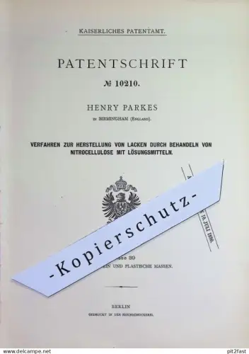 original Patent - Henry Parkes , Birmingham , England | 1879 | Herstellung von Lack | Farbe , Farben | Lösungsmittel