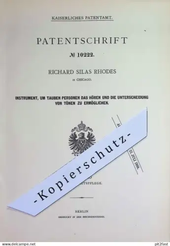 original Patent - Richard Silas Rhodes , Chicago , USA | 1879 | Hörapparat , Hörgerät für taube Personen | Töne , Hören