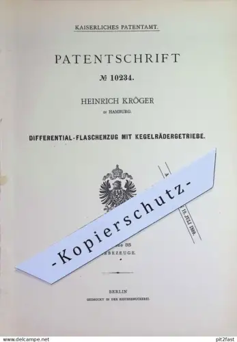 original Patent - Heinrich Kröger , Hamburg | Differential - Flaschenzug mit Kegelrädergetriebe | Getriebe | Umlenkrolle