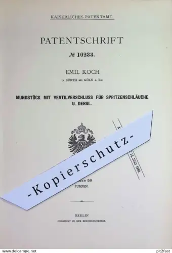 original Patent - Emil Koch , Sürth , Köln / Rhein | 1879 | Mundstück mit Ventil für Spritzenschlauch | Feuerwehr