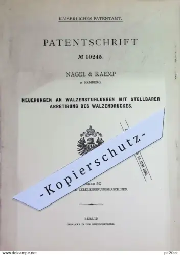 original Patent - Nagel & Kaemp , Hamburg | 1880 | Walzenstuhlung | Walzenstuhl | Walze , Mühle , Mühlen