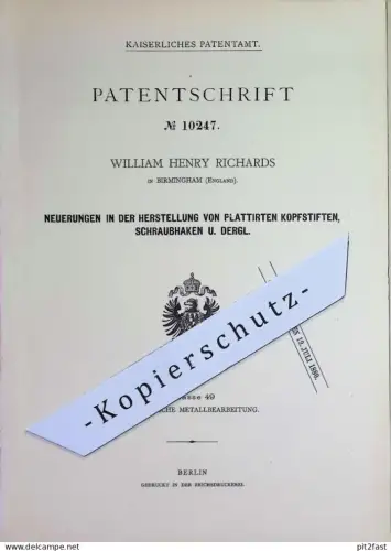 original Patent - William Henry Richards , Birmingham England | 1880 | plattierte Kopfstifte, Schraubhaken | Haken Nägel