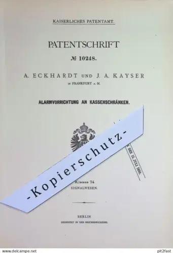 original Patent - A. Eckhardt , J. A. Kayser , Frankfurt / Main | 1879 | Alarm an Kassenschrank | Kasse , Tresor , Safe