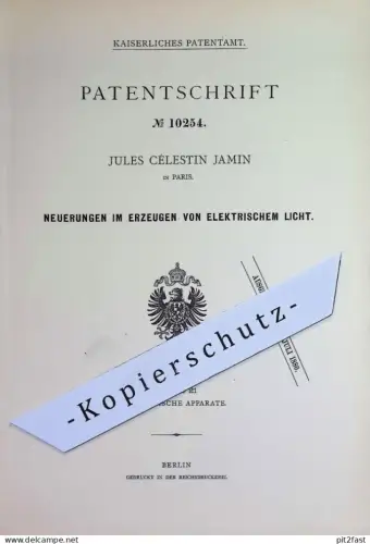 original Patent - Jules Célestin Jamin , Paris Frankreich | 1879 | Erzeugung von elektrischem Licht | Elektrizität Strom