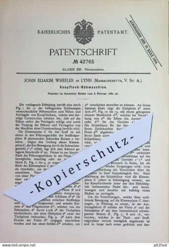 original Patent - John Eliakim Wheeler , Lynn , Massachusetts , USA | 1887 | Knopfloch - Nähmaschine | Knopf , Knöpfe !!