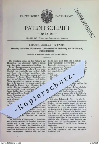 original Patent - Charles Audouy , Paris , Frankreich | 1887 | Presse zur Herst. von Briquettes | Brikett , Kohle !!