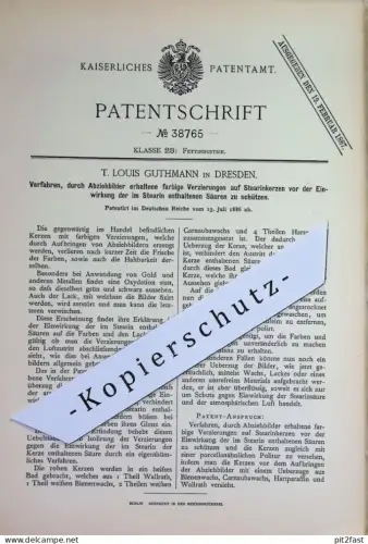 original Patent - T. Louis Guthmann , Dresden | 1886 | Kerzen mit farbiger Verzierung | Stearin , Stearinkerzen , Kerze
